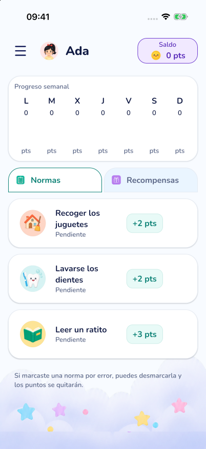 Captura real de Tokenz: tablero de Ada con saldo, progreso semanal y normas